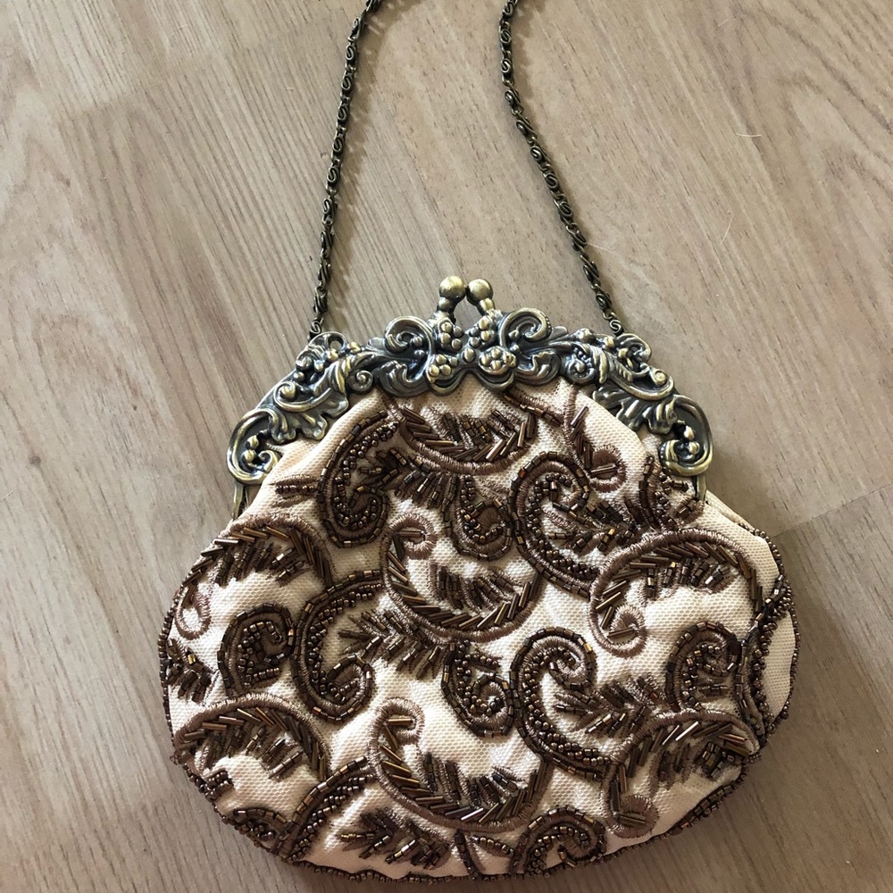Beaded bronze & nude chained clutch